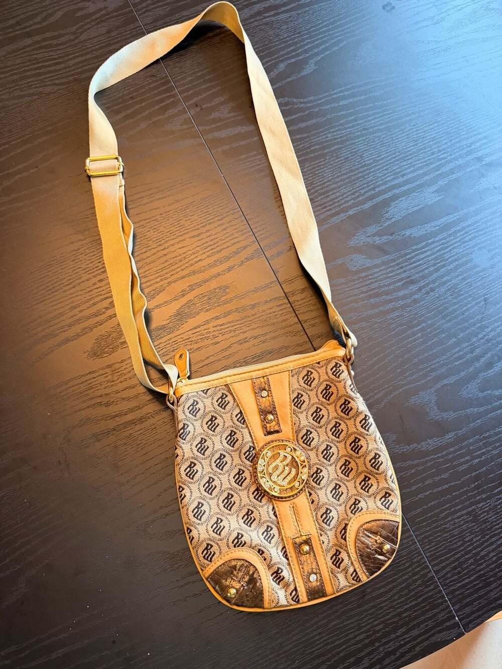 Rocawear Monogram Print Canvas Crossbody Handbag with Rhinestone Logo